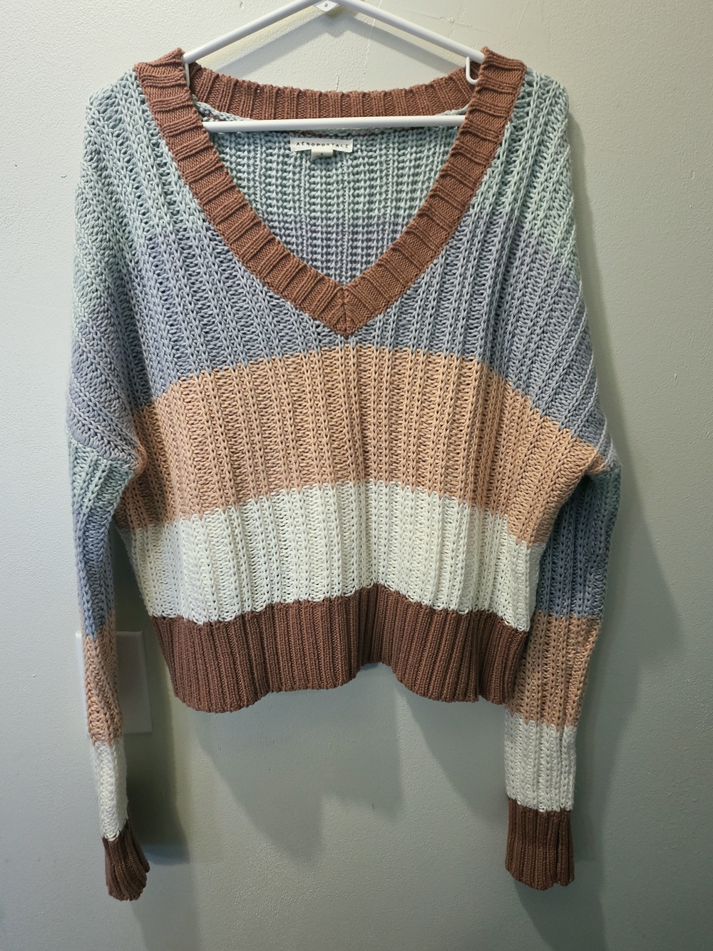 Aeropostale Striped VNeck Cotton Blend Sweater Mauve Cream Dusty Blue Oversize S